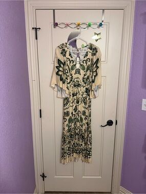 FARM Rio Cream Midi Dress with Green Floral Print